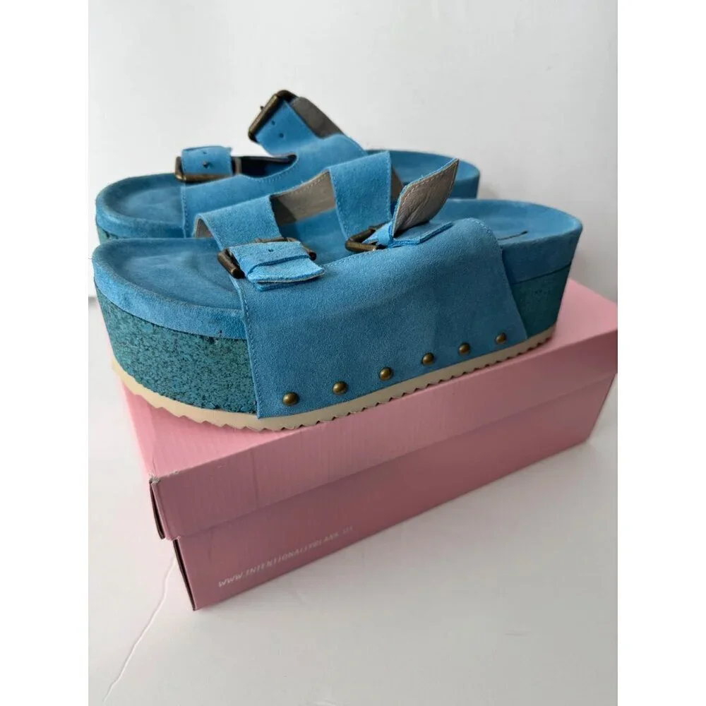 New Intentionally Blank Rule Breaker Suede Platform Sandals Blue Size 39 US 8.5